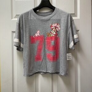 Strawberry Shortcake Women's Medium Crop Grey Football Jersey Style T-Shirt